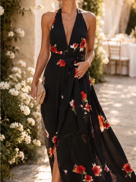 Leith Dresses & Skirts - Leith Black Halter Maxi Dress with Red Floral Print